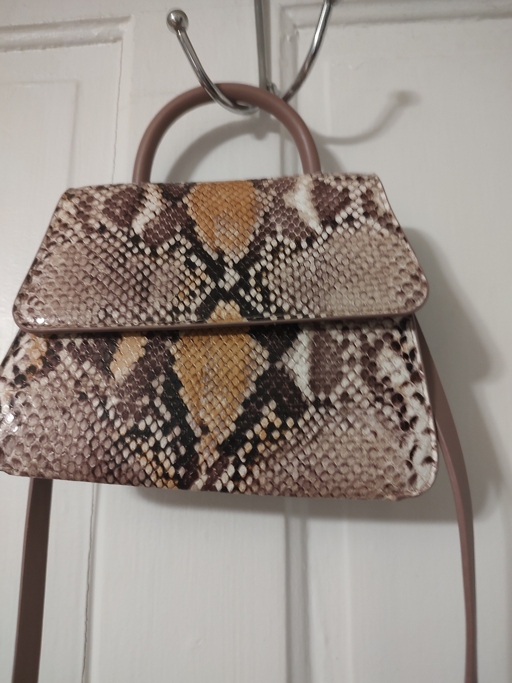 Python-Print Structured Top-Handle Crossbody Bag in Taupe and Brown